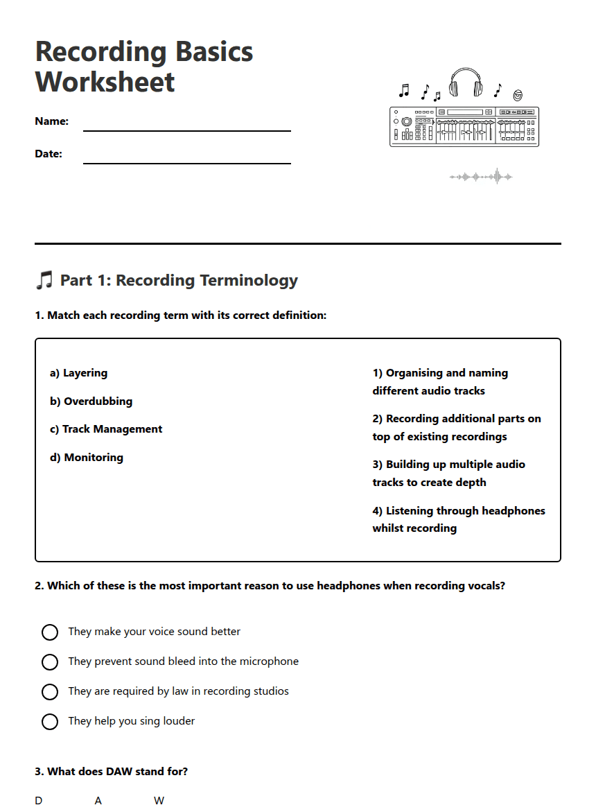 Recording Basics Worksheet worksheet preview