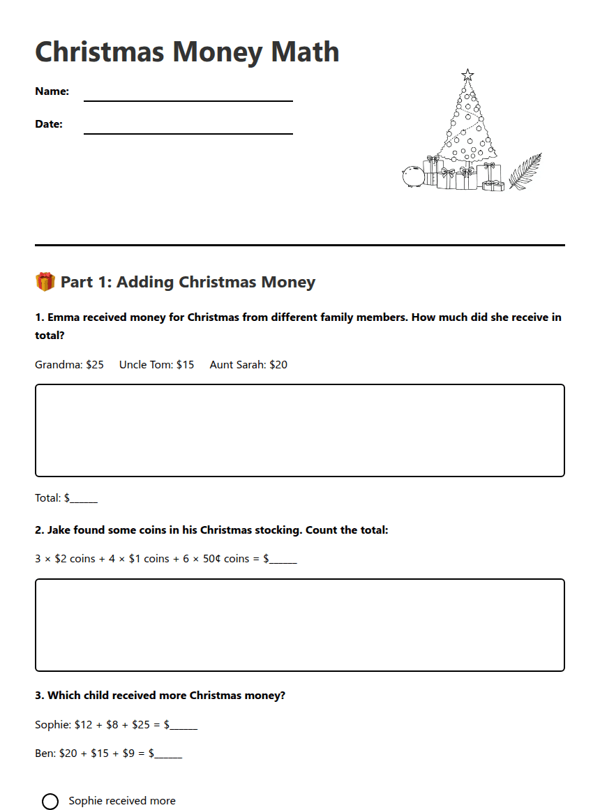 Christmas Money Math worksheet preview