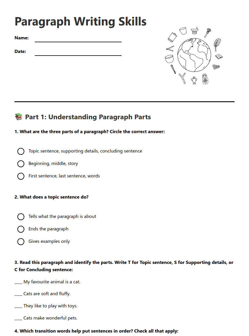 Paragraph Writing Skills worksheet preview