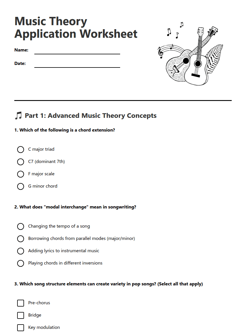 Music Theory Application Worksheet worksheet preview