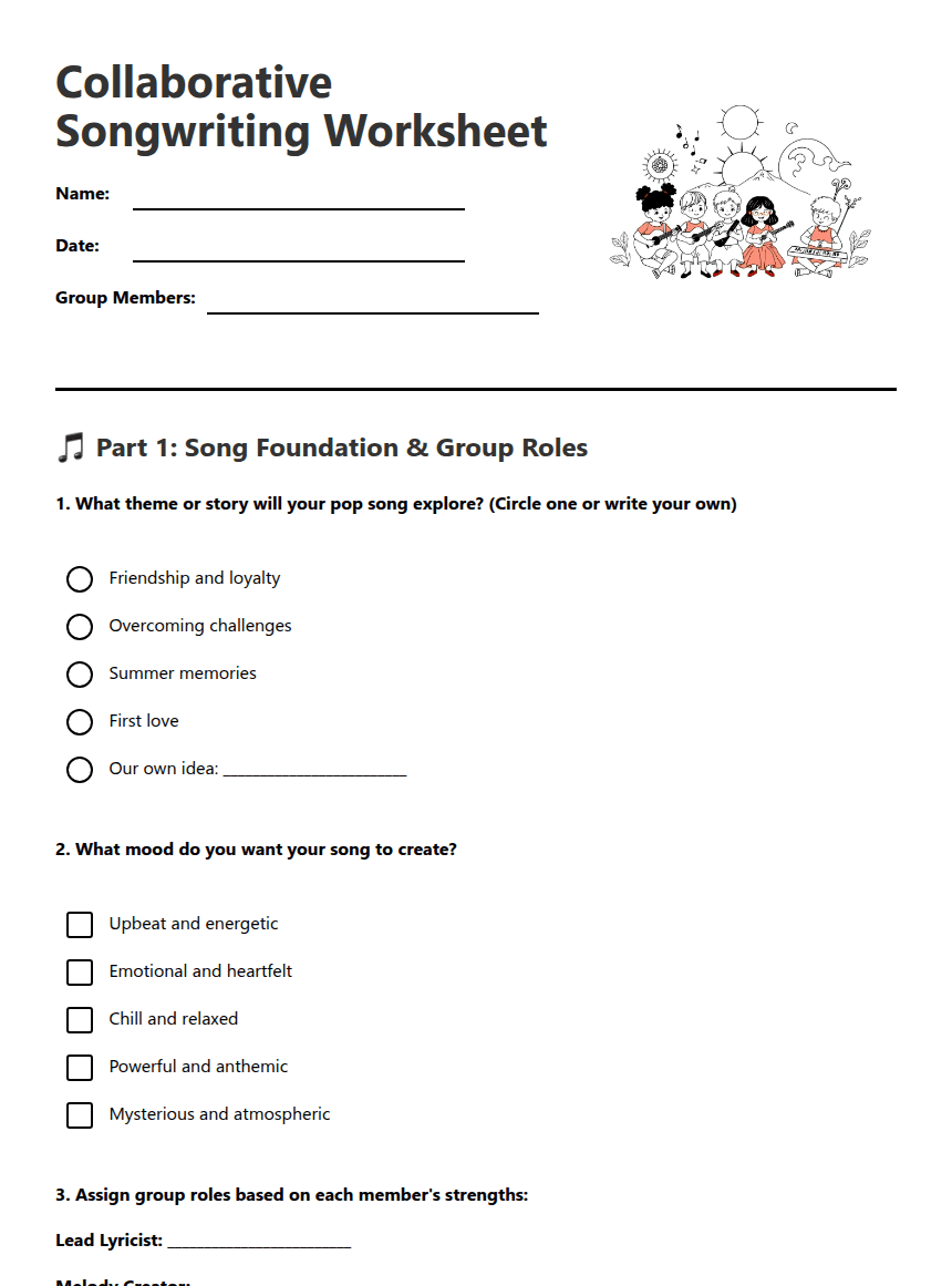 Collaborative Songwriting Worksheet worksheet preview