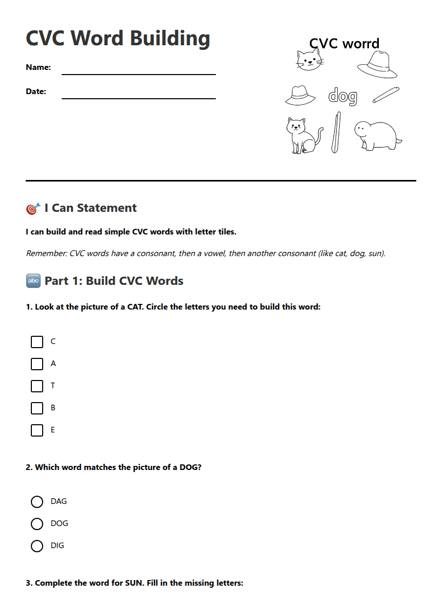 CVC Word Building worksheet preview