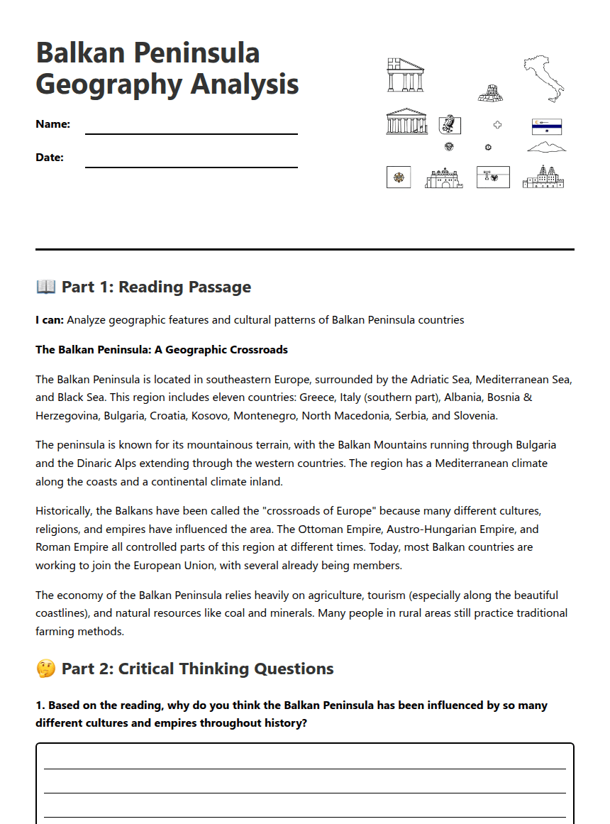 Balkan Peninsula Geography Analysis worksheet preview