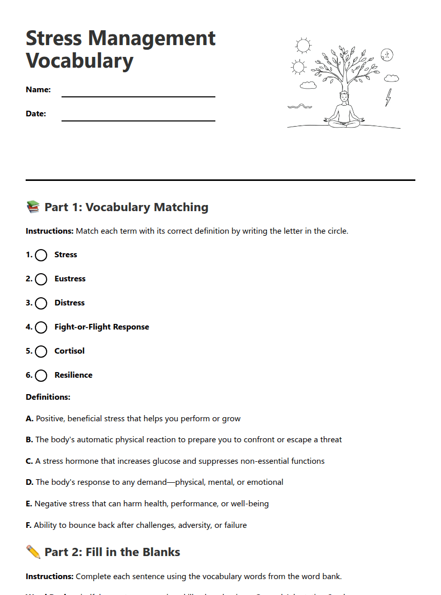 Stress Management Vocabulary worksheet preview
