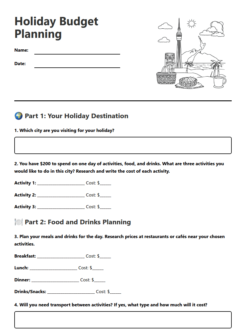 Holiday Budget Planning worksheet preview