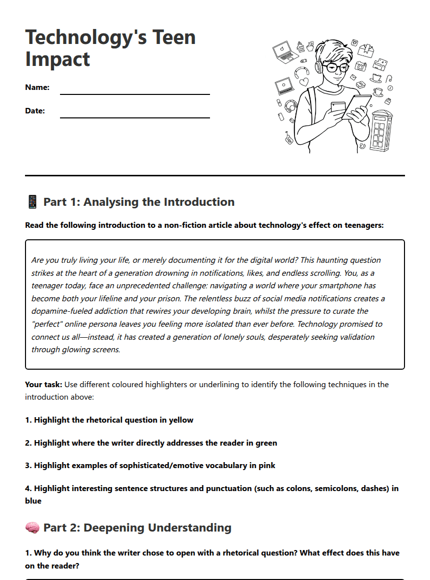 Technology's Teen Impact worksheet preview