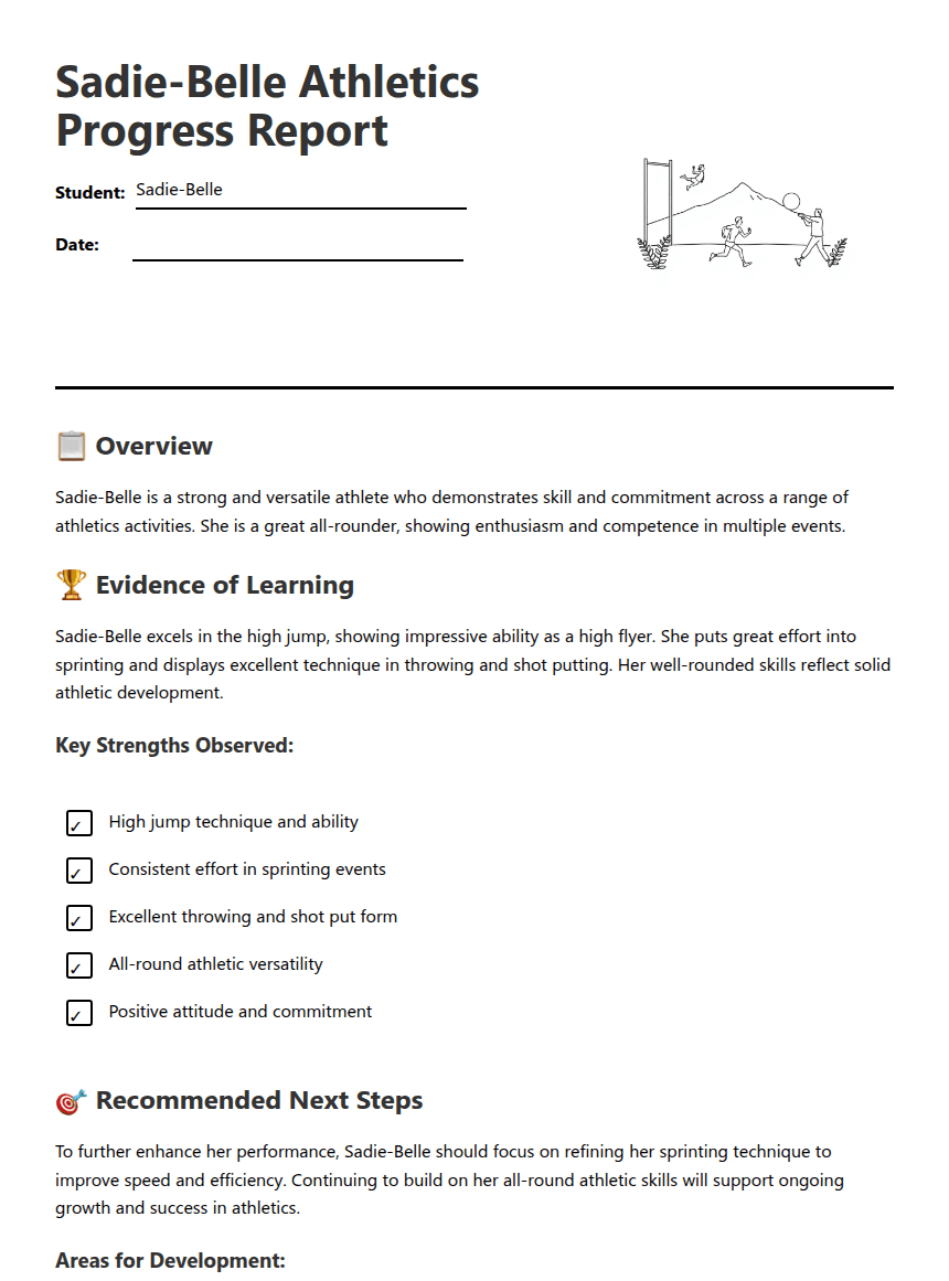 Sadie-Belle Athletics Progress Report worksheet preview