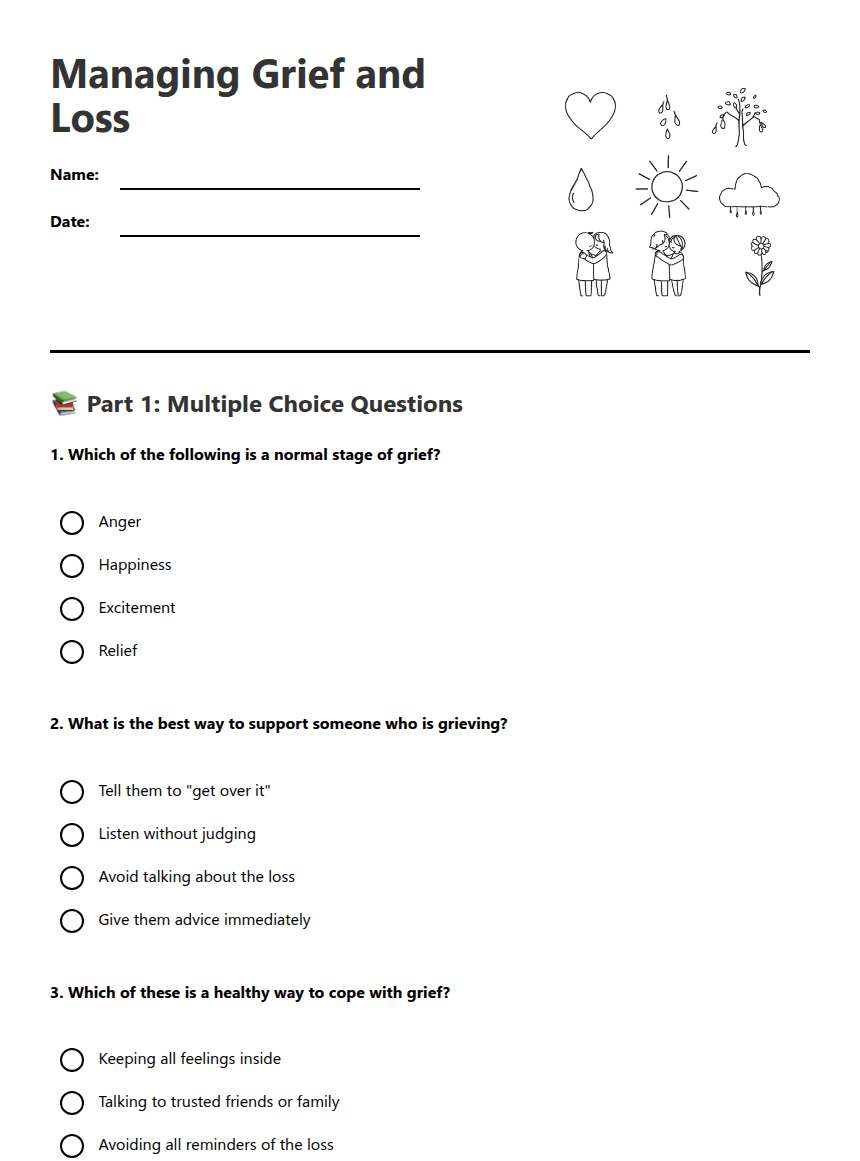 Managing Grief and Loss worksheet preview