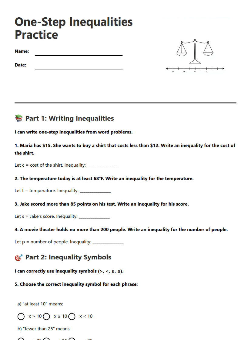 One-Step Inequalities Practice