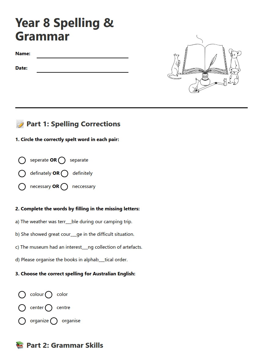 Year 8 Spelling Grammar worksheet preview