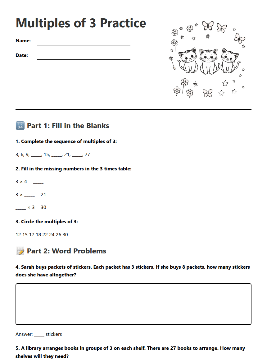 Multiples of 3 Practice worksheet preview