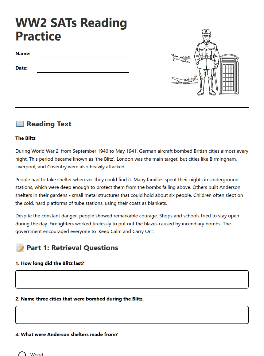 WW2 SATs Reading Practice worksheet preview