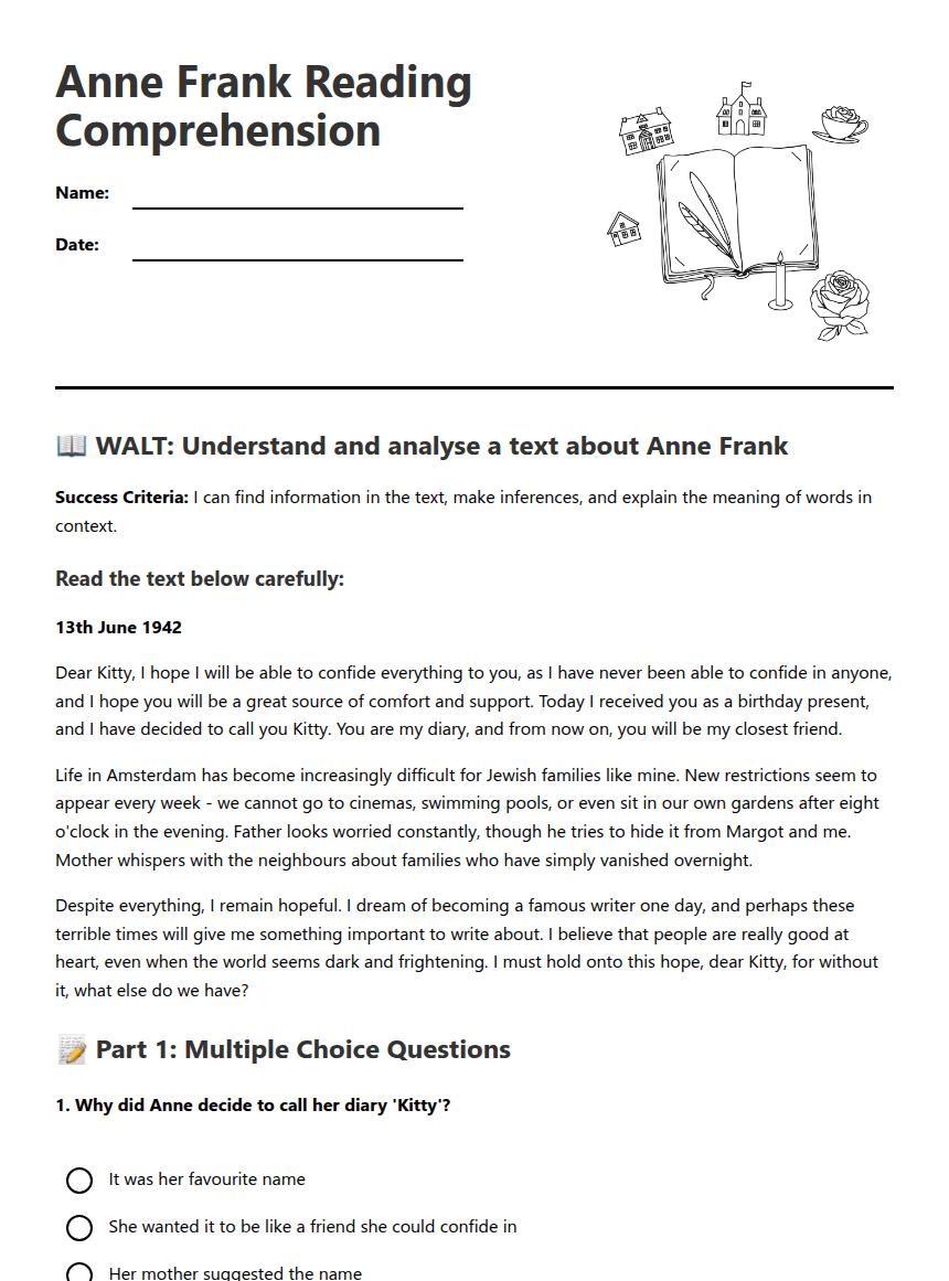 Anne Frank Reading Comprehension worksheet preview