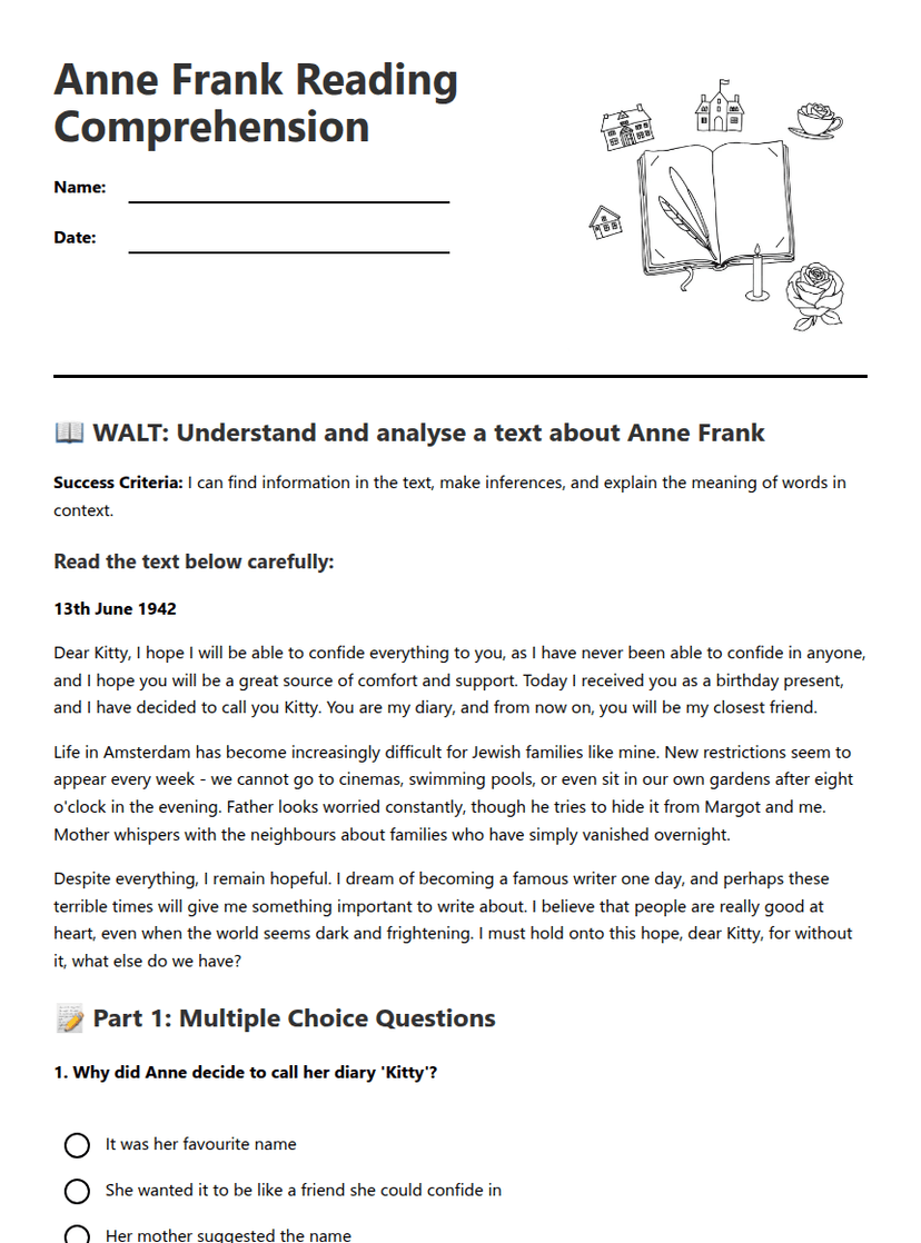 Anne Frank Reading Comprehension