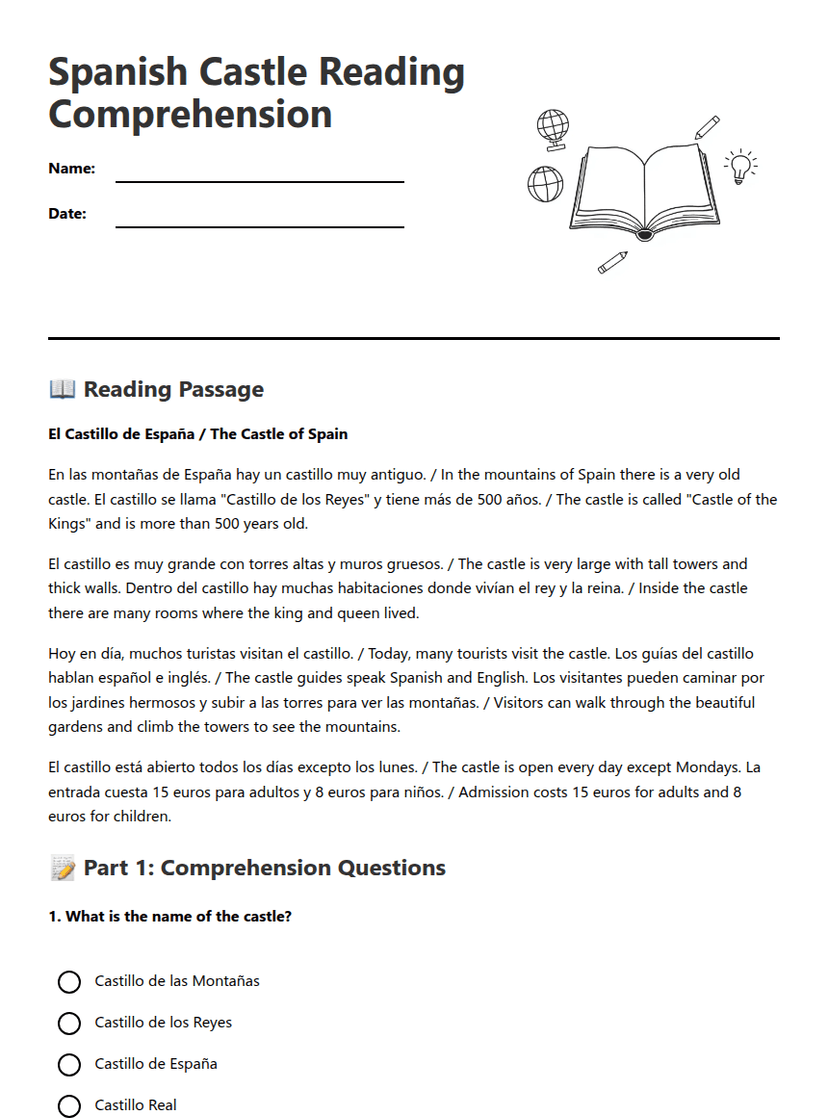 Spanish Castle Reading Comprehension