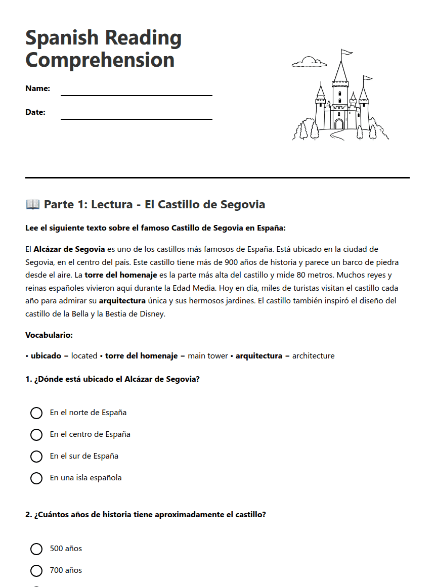 Spanish Reading Comprehension worksheet preview