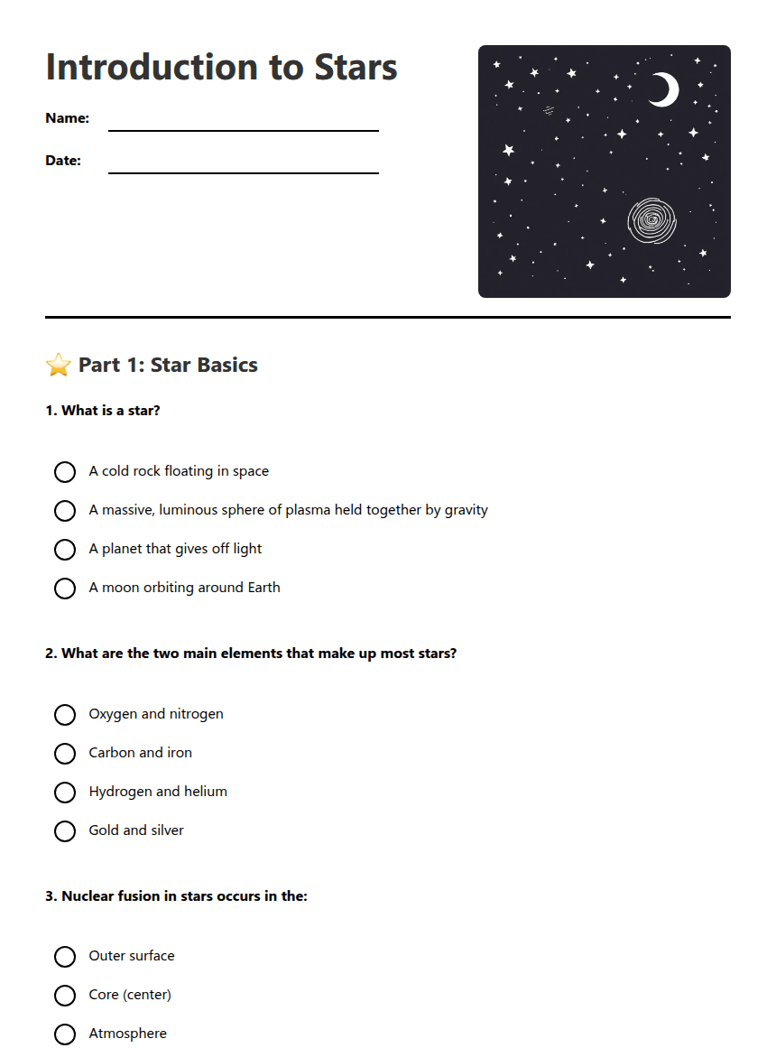 Introduction to Stars worksheet preview
