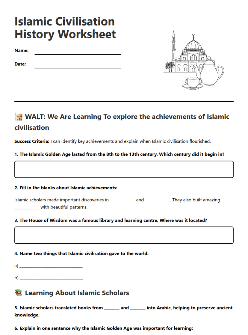 Islamic Civilisation History Worksheet