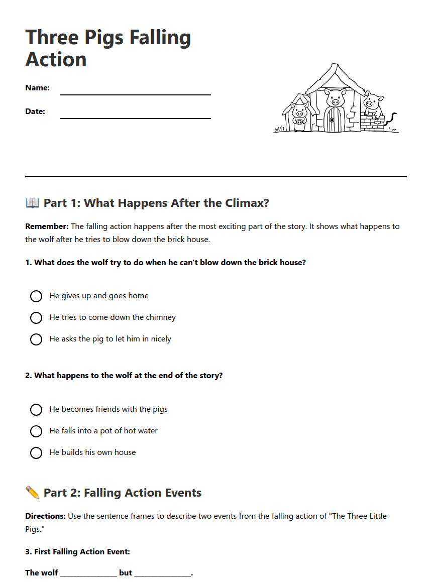Three Pigs Falling Action worksheet preview