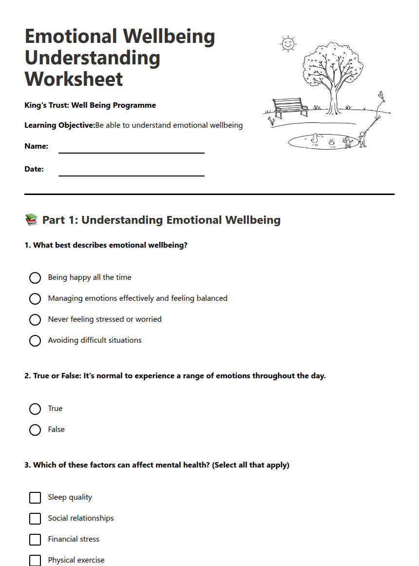 Emotional Wellbeing Understanding Worksheet worksheet preview