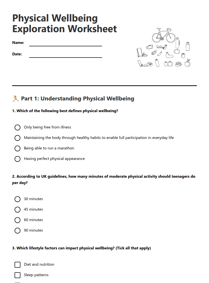 Physical Wellbeing Exploration Worksheet worksheet preview