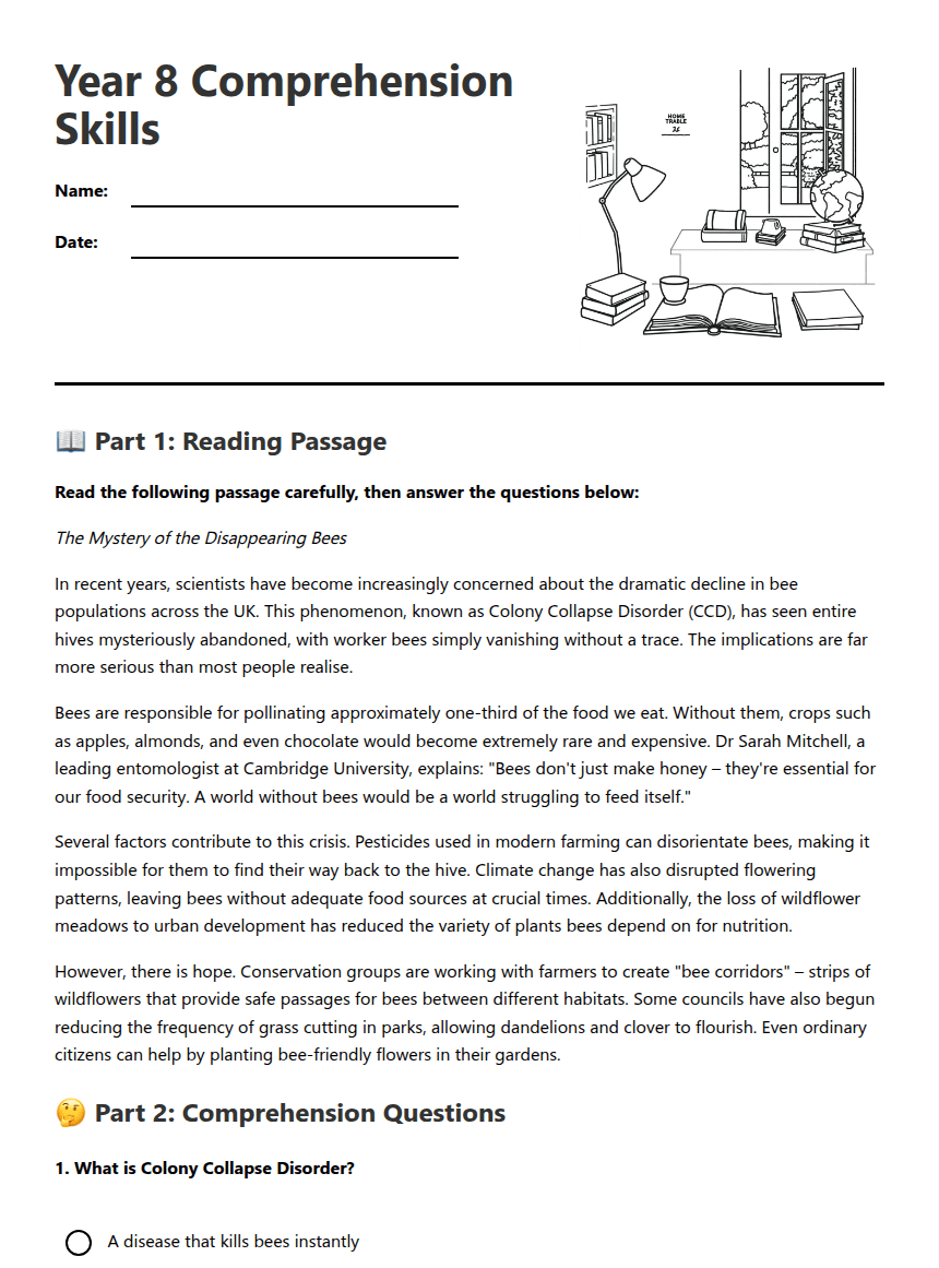 Year 8 Comprehension Skills worksheet preview