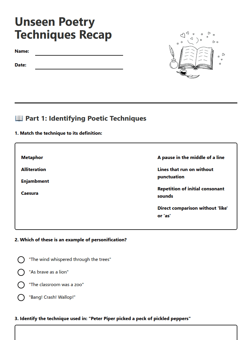 Unseen Poetry Techniques Recap worksheet preview
