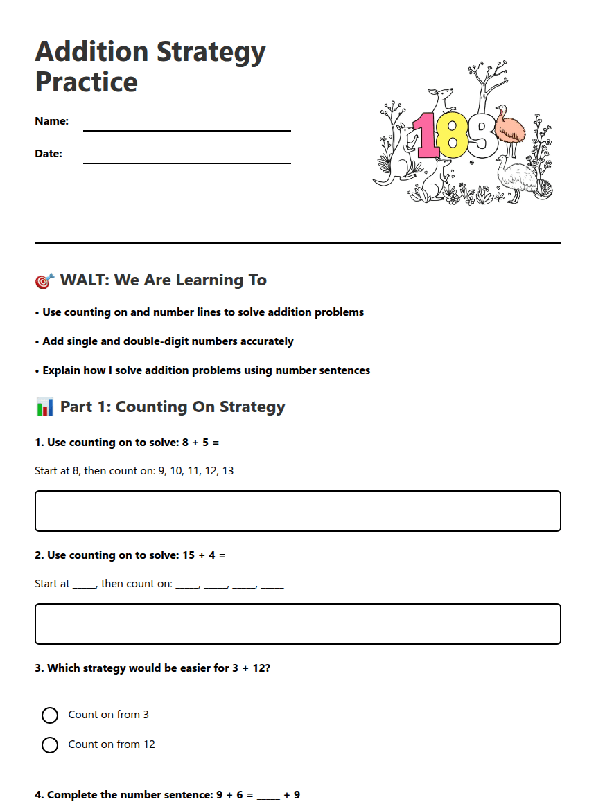 Addition Strategy Practice worksheet preview