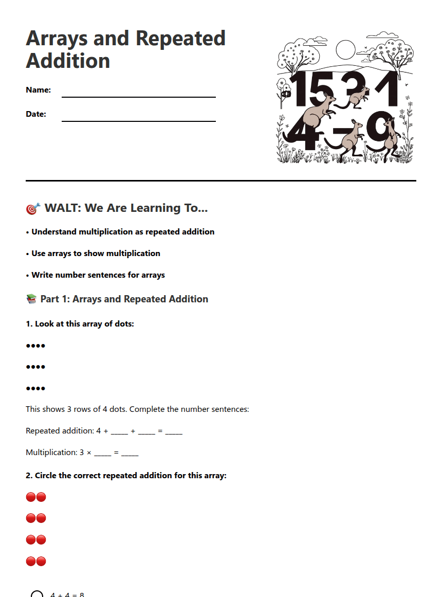 Arrays and Repeated Addition worksheet preview