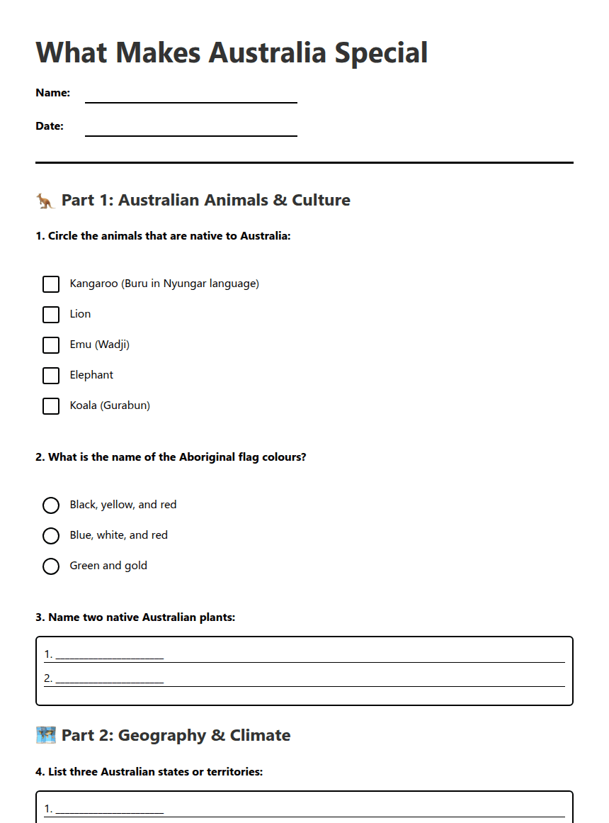 What Makes Australia Special worksheet preview