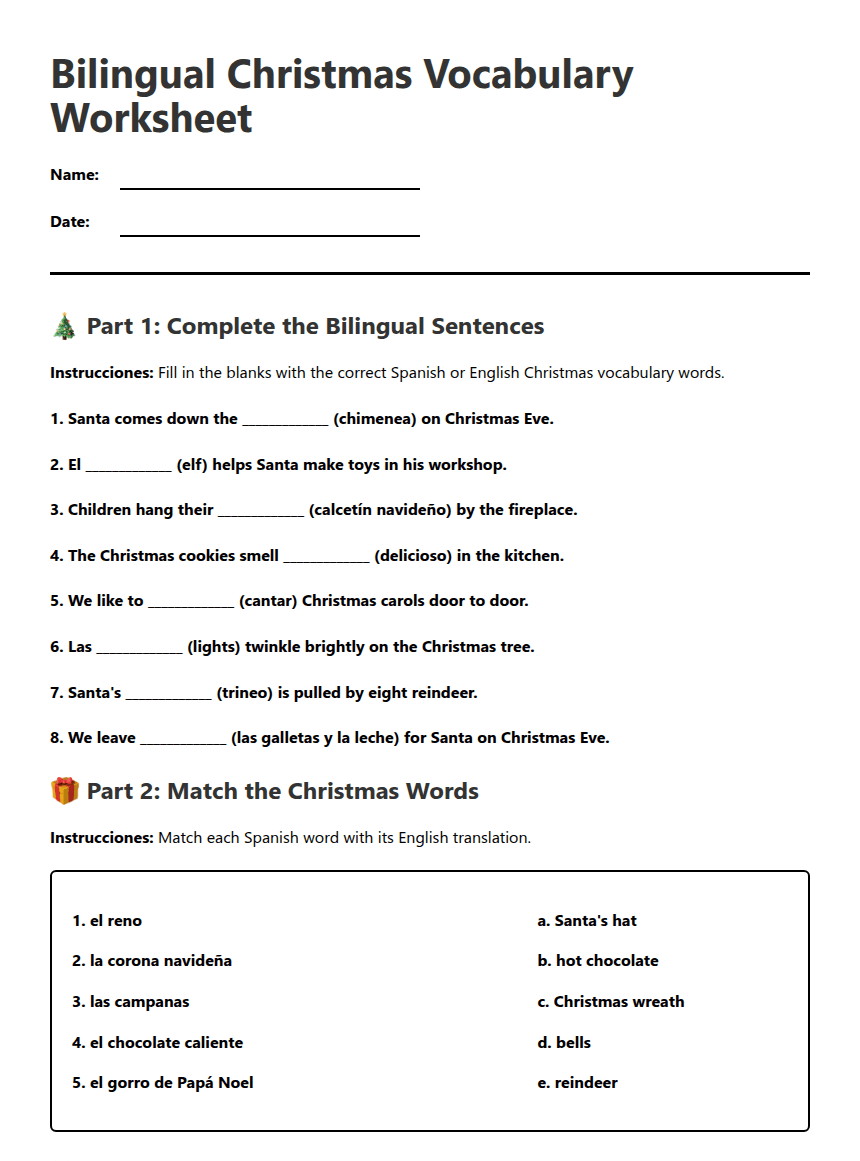 Bilingual Christmas Vocabulary Worksheet worksheet preview