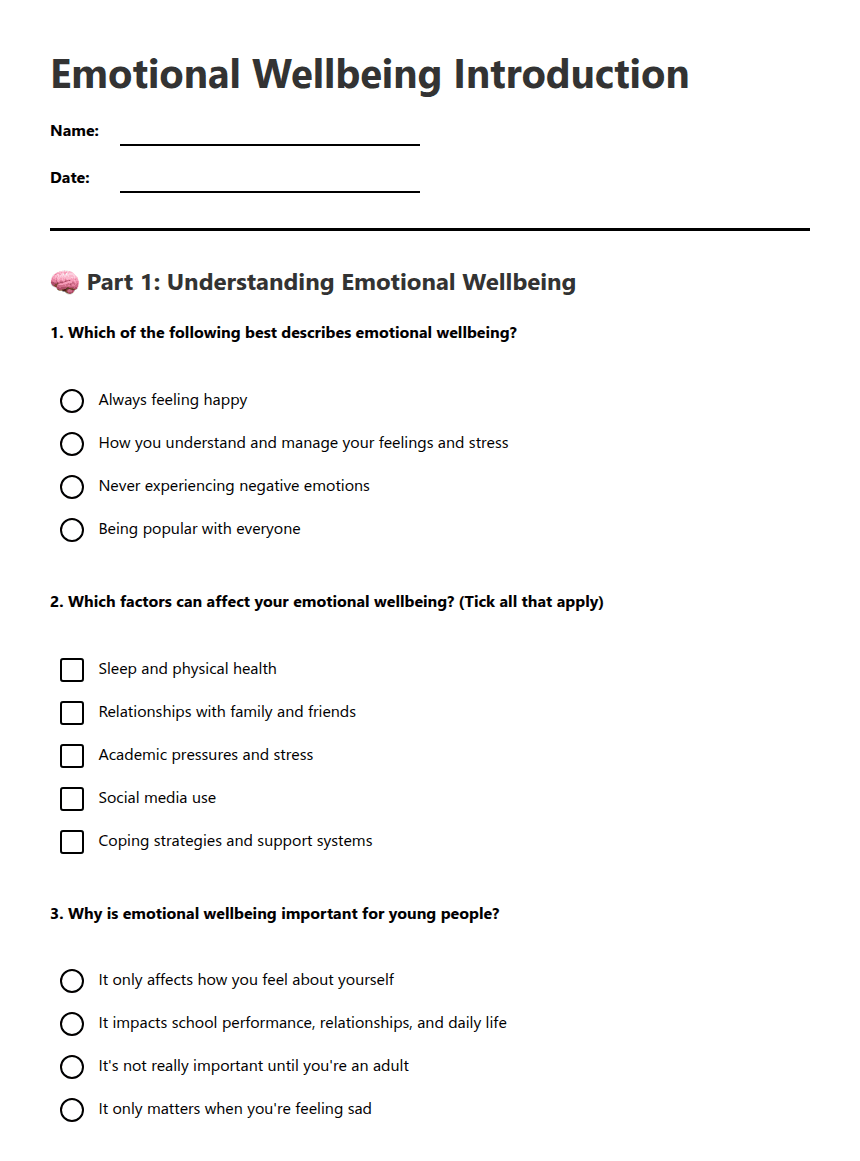 Emotional Wellbeing Introduction worksheet preview
