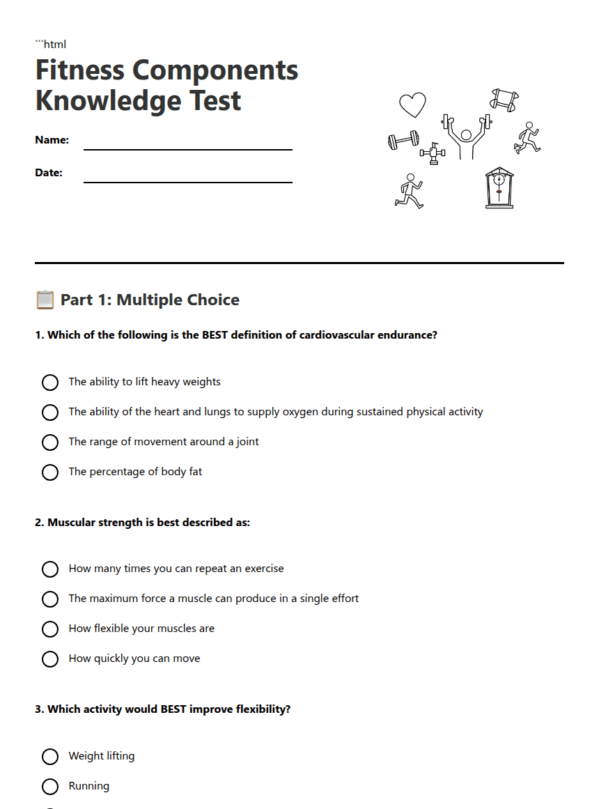 Fitness Components Knowledge Test worksheet preview