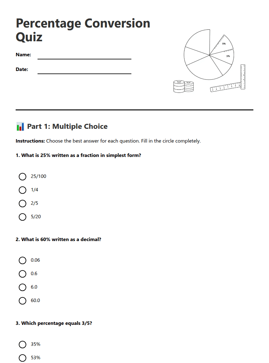 Percentage Conversion Quiz worksheet preview