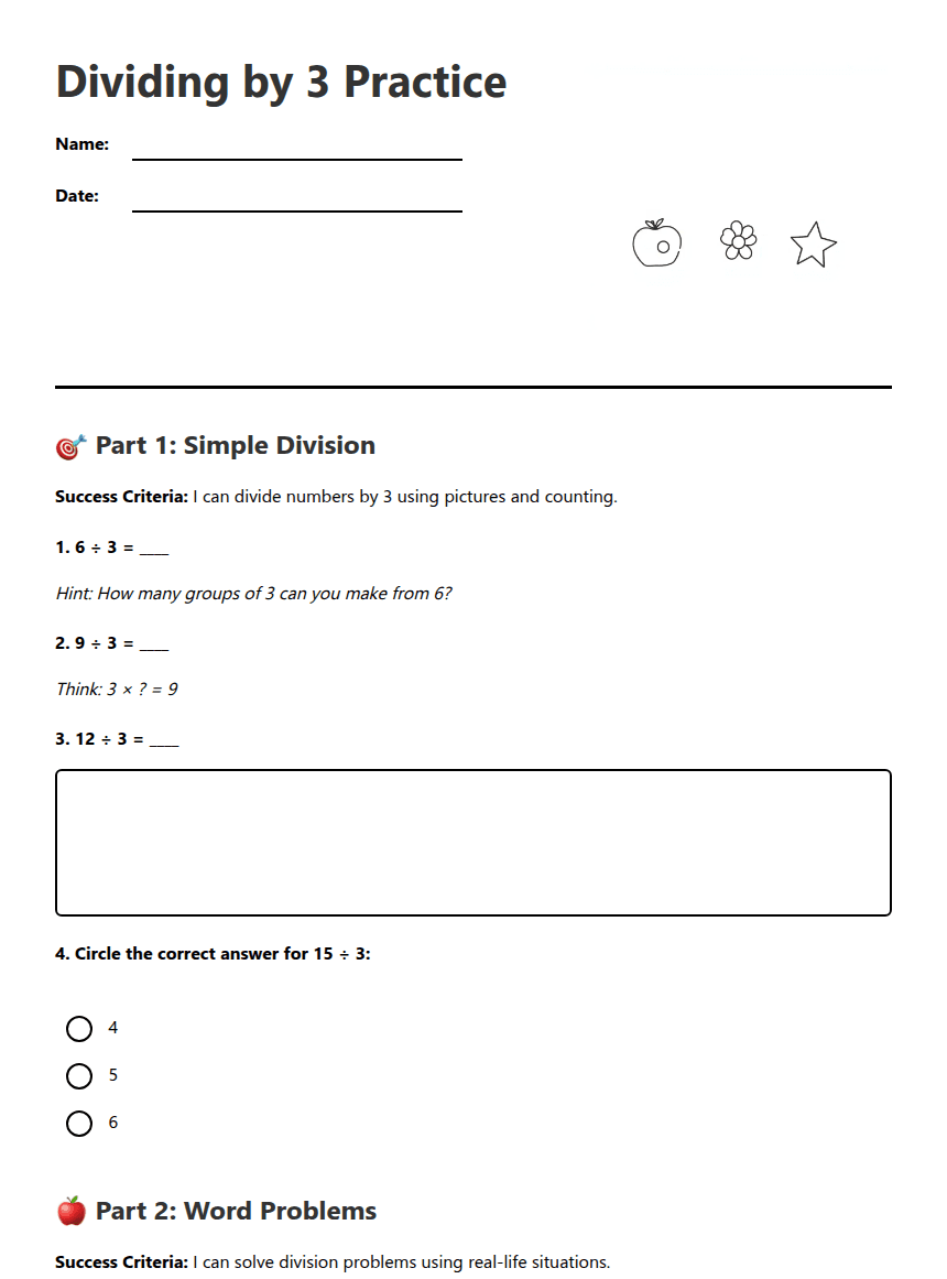 Dividing by 3 Practice worksheet preview