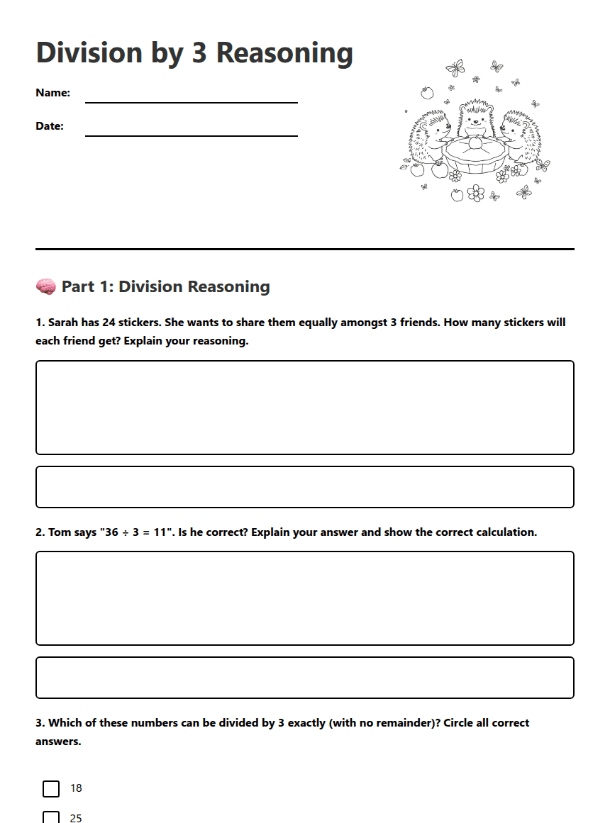 Division by 3 Reasoning worksheet preview