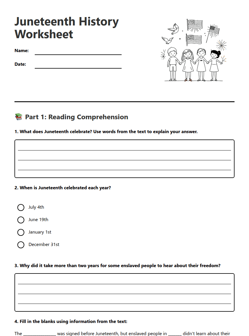 Juneteenth History Worksheet worksheet preview