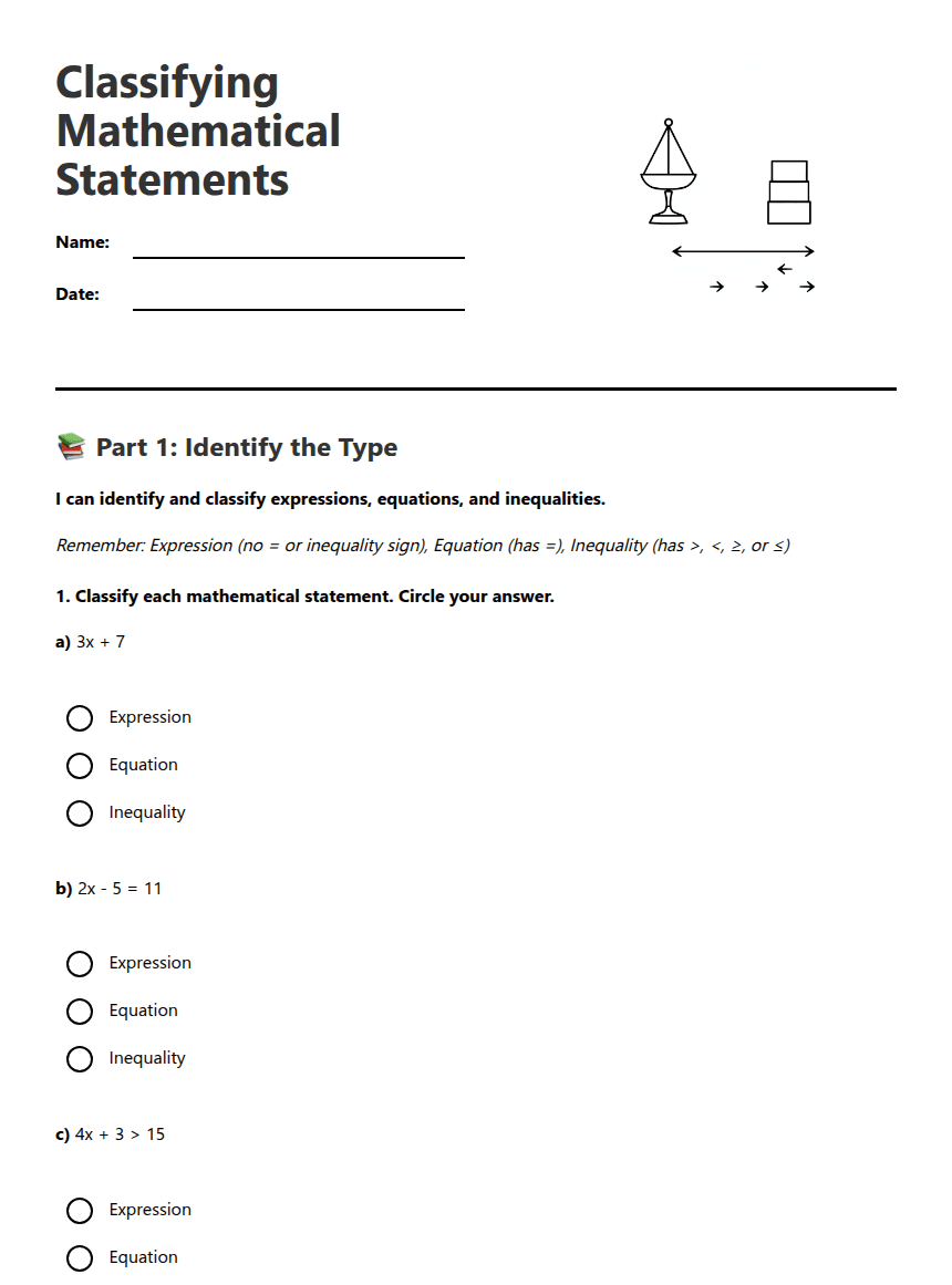 Classifying Mathematical Statements worksheet preview
