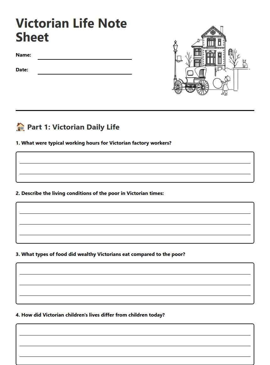 Victorian Life Note Sheet worksheet preview