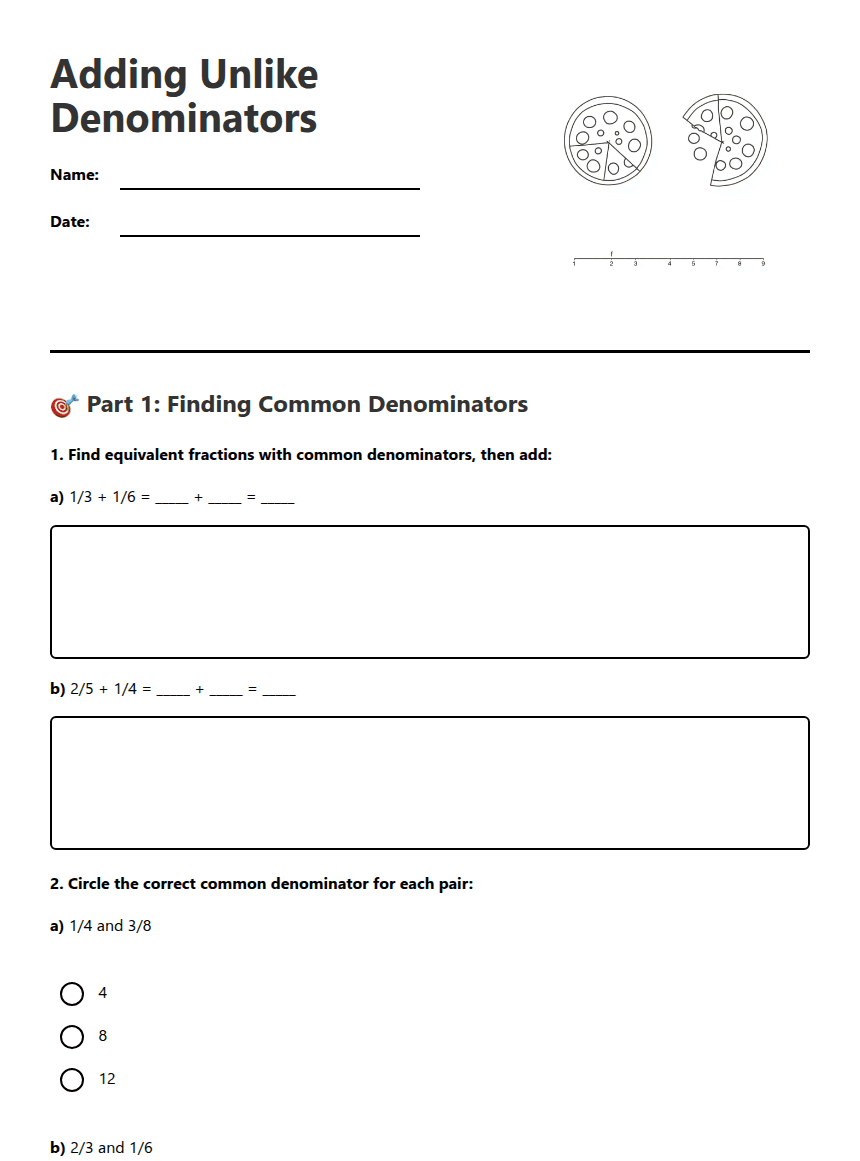 Adding Unlike Denominators worksheet preview