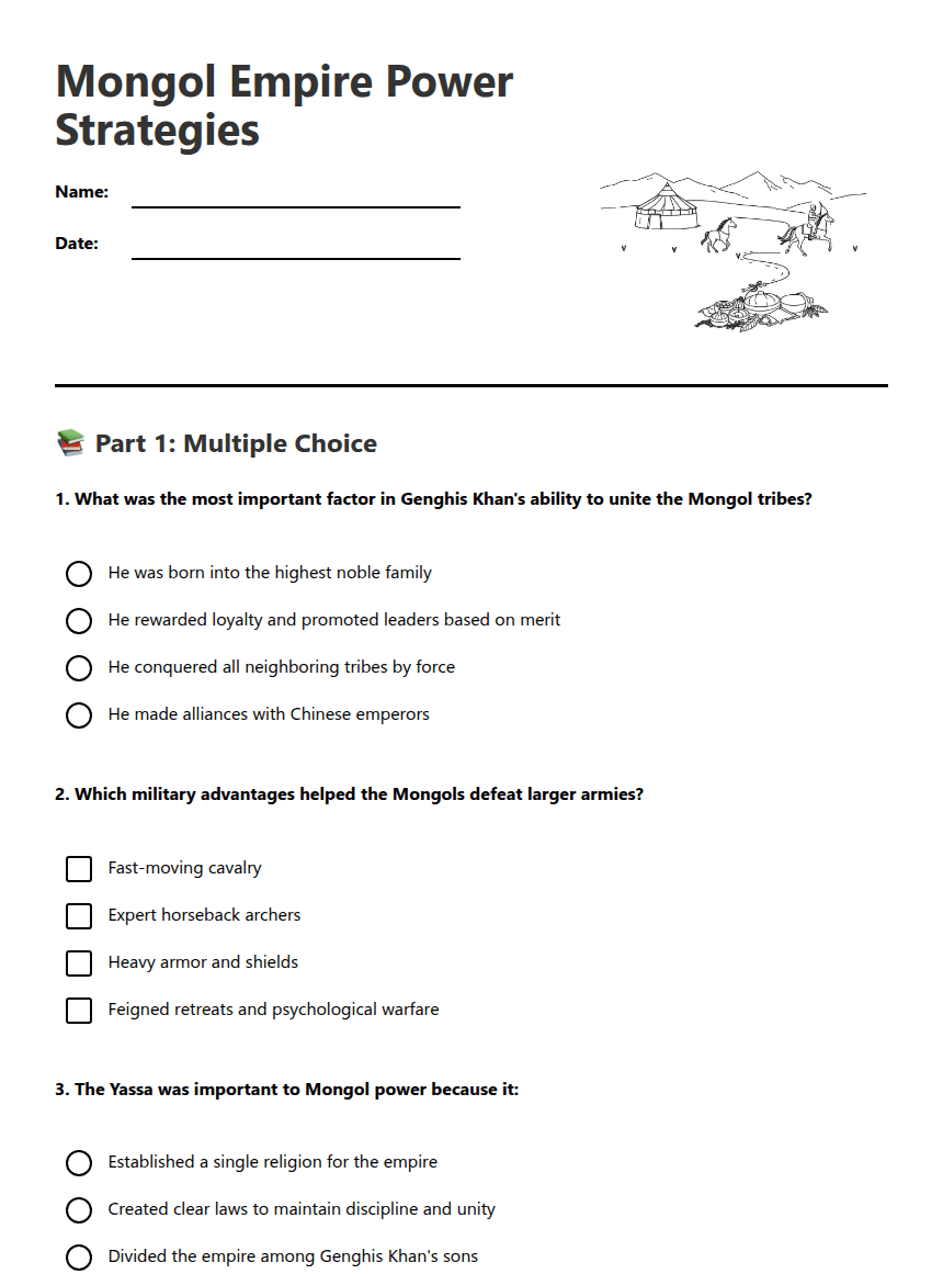 Mongol Empire Power Strategies worksheet preview