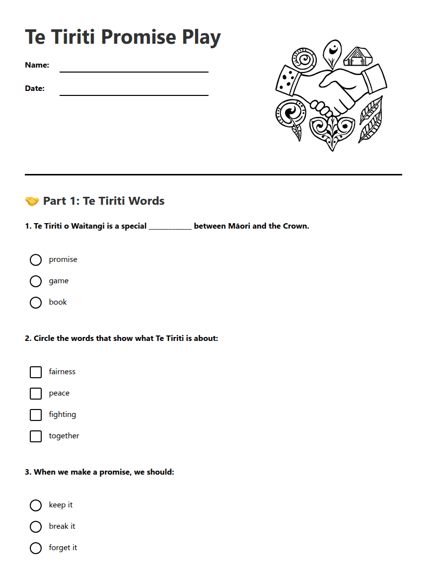 Te Tiriti Promise Play worksheet preview