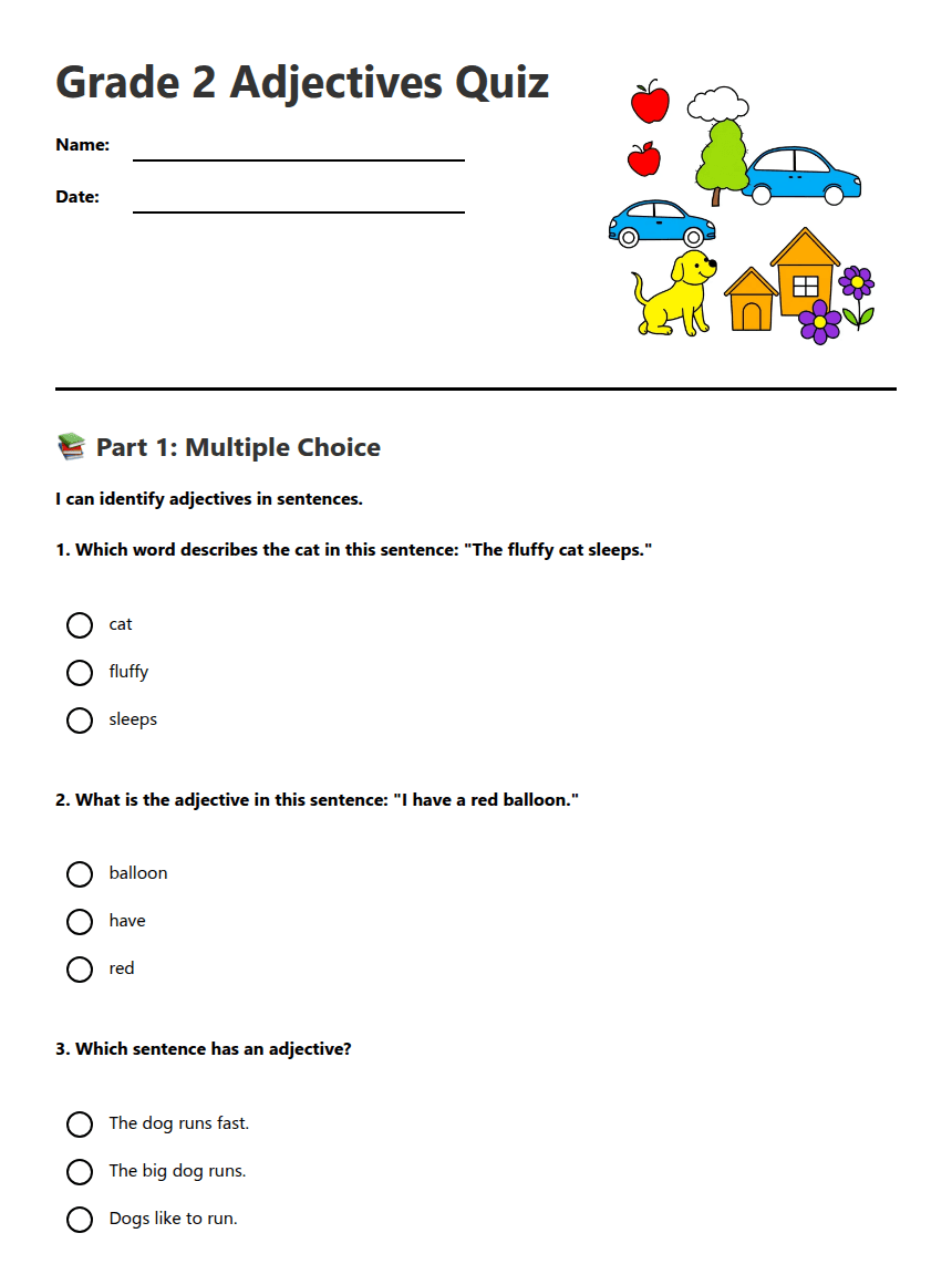 Grade 2 Adjectives Quiz worksheet preview