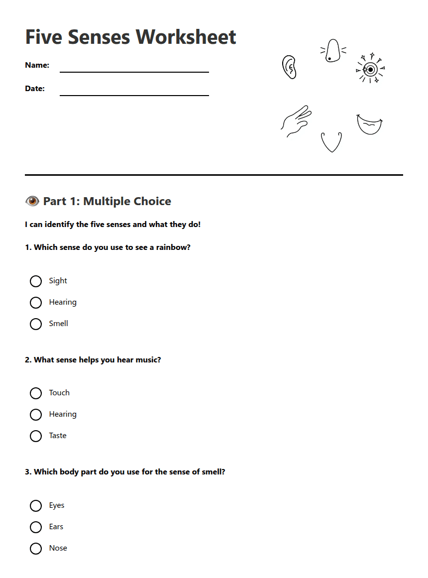 Five Senses Worksheet worksheet preview