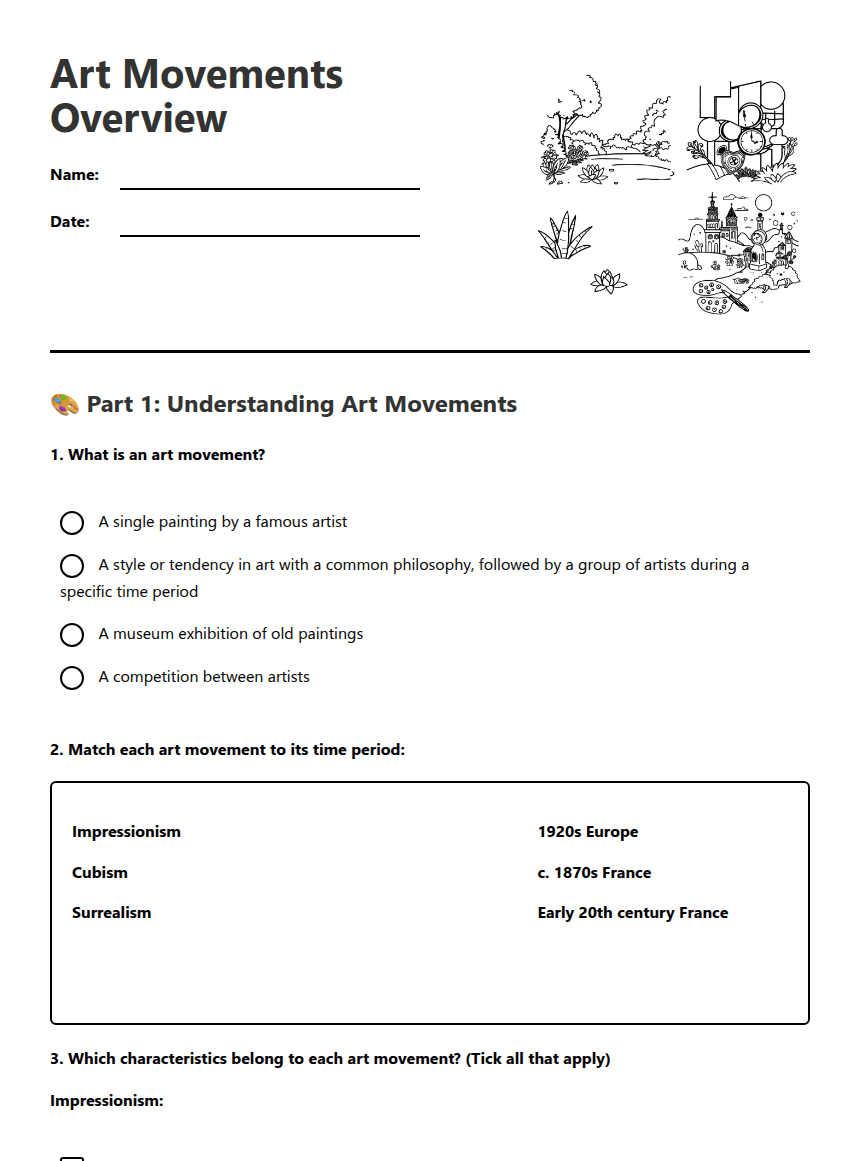 Art Movements Overview worksheet preview