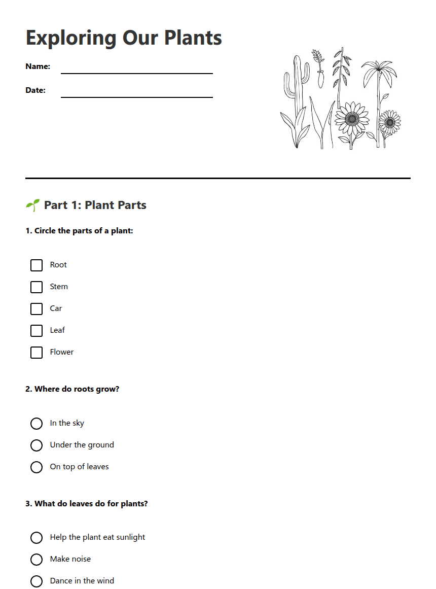 Exploring Our Plants worksheet preview