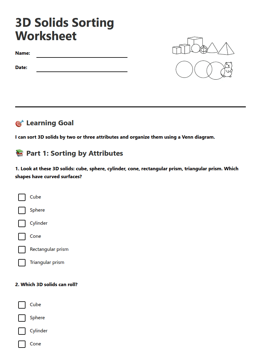 3D Solids Sorting Worksheet worksheet preview