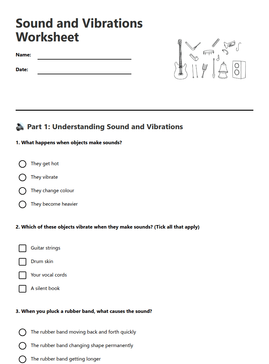 Sound and Vibrations Worksheet worksheet preview