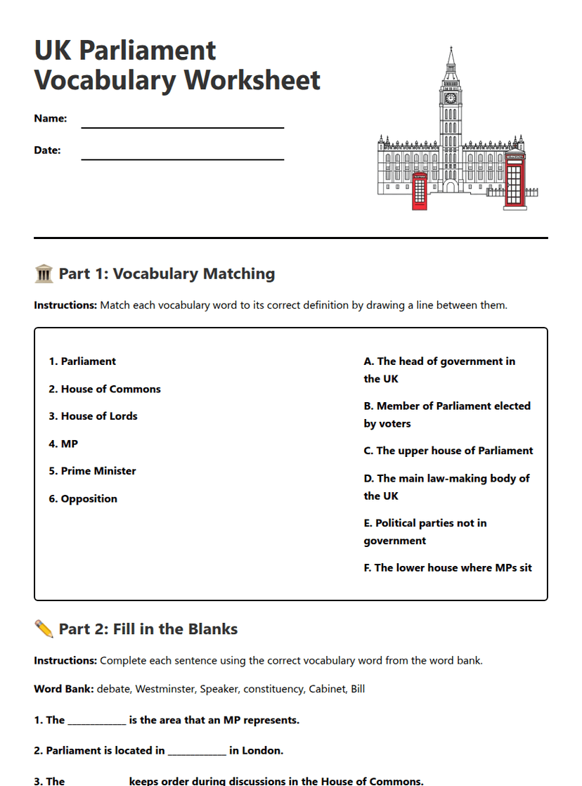UK Parliament Vocabulary Worksheet