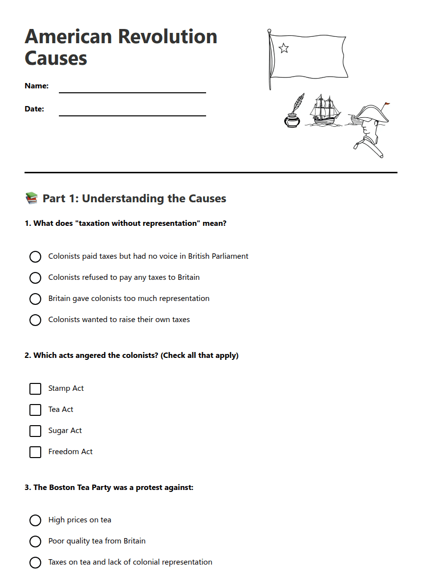 American Revolution Causes worksheet preview
